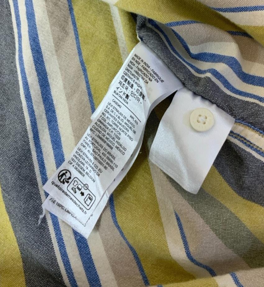 VTG LEVI'S YELLOW BLUE BEIGE STRIPED SHORT SLEEVED CASUAL SHIRT LARGE 47"