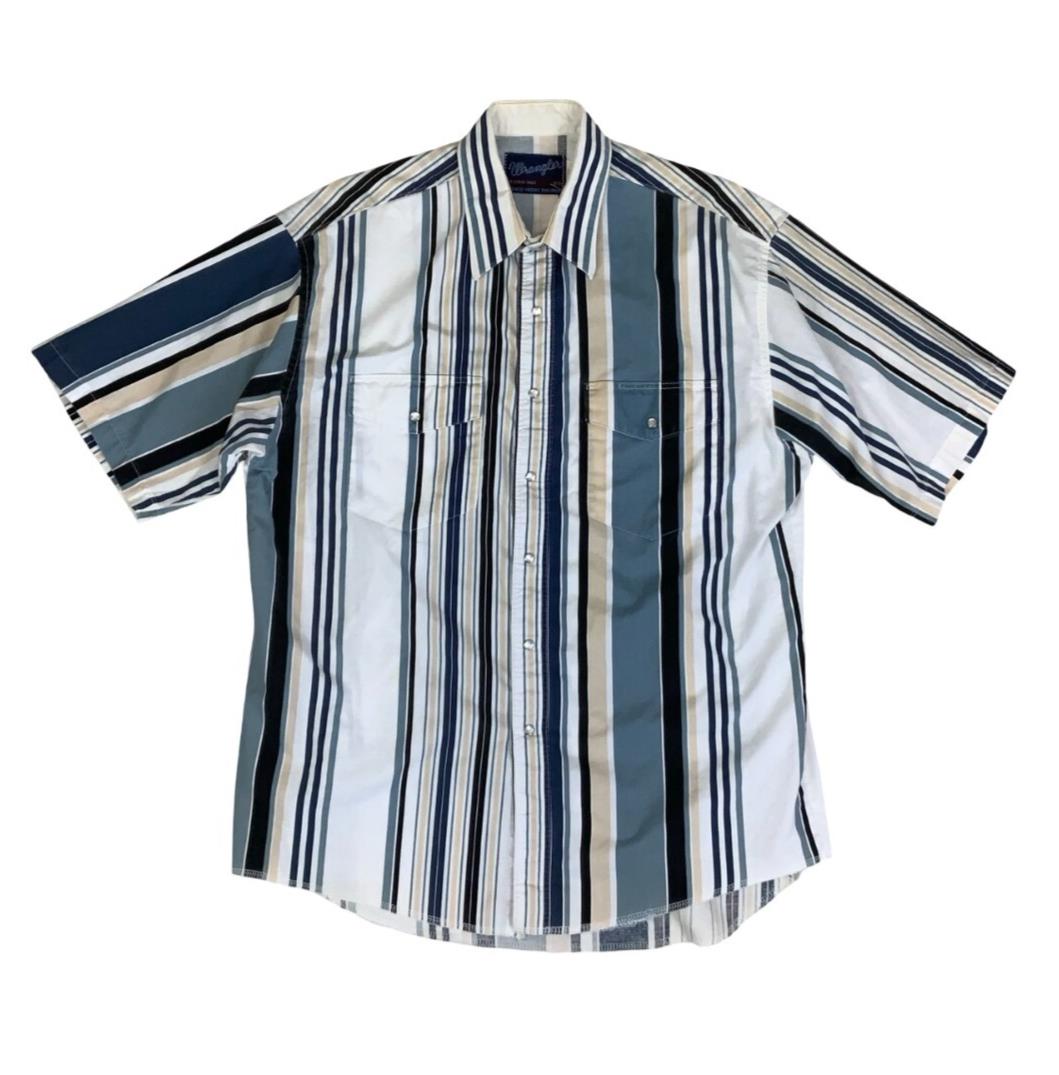 VTG 90S WRANGLER WHITE BLUE STRIPED PEARL SNAP WESTERN SHIRT LARGE 46"