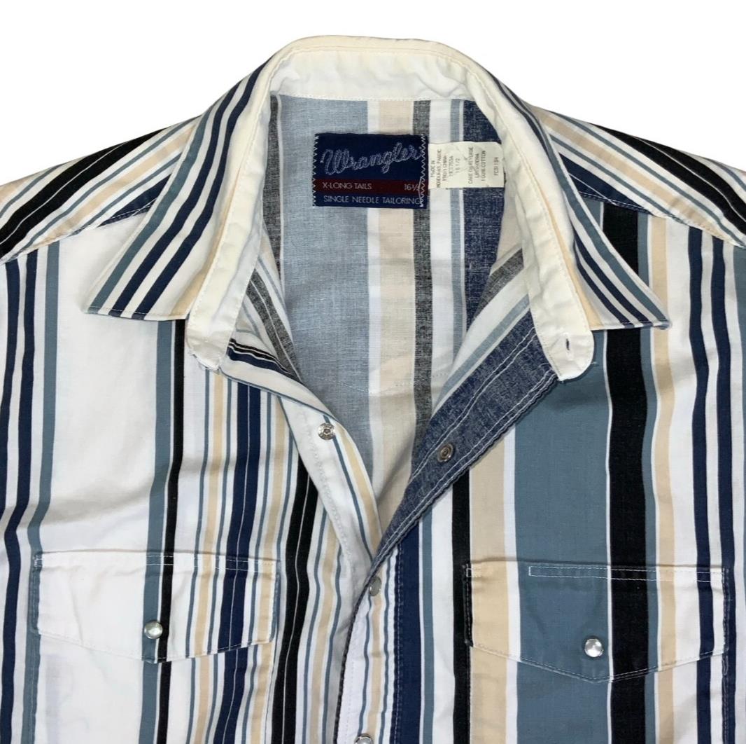 VTG 90S WRANGLER WHITE BLUE STRIPED PEARL SNAP WESTERN SHIRT LARGE 46"