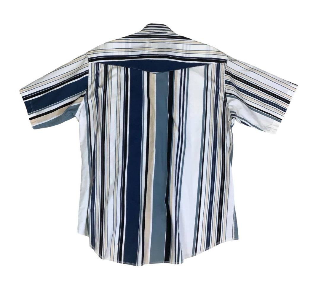 VTG 90S WRANGLER WHITE BLUE STRIPED PEARL SNAP WESTERN SHIRT LARGE 46"