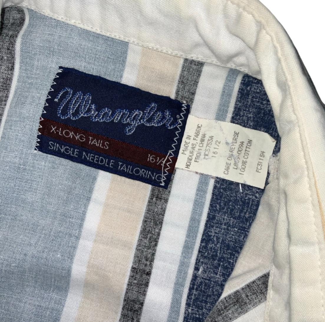 VTG 90S WRANGLER WHITE BLUE STRIPED PEARL SNAP WESTERN SHIRT LARGE 46"