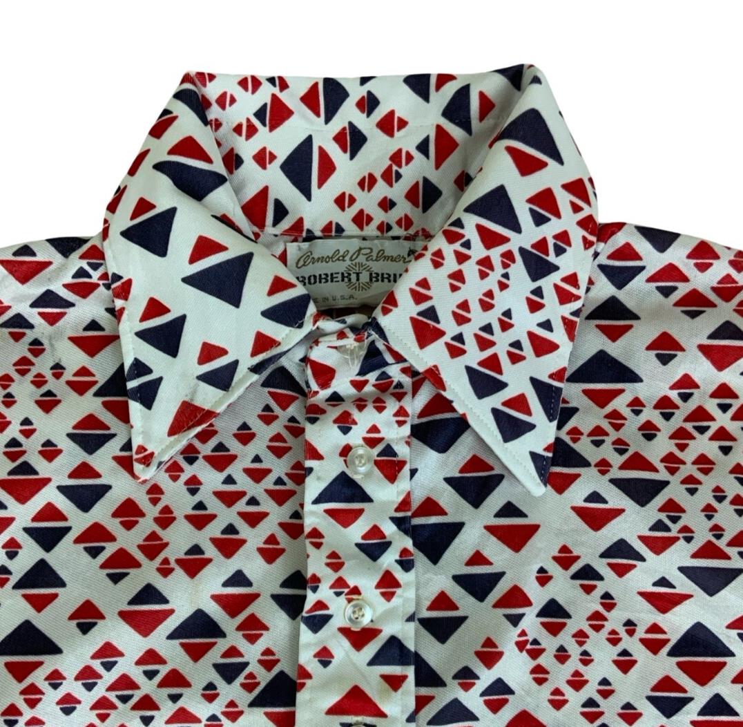 VTG 70S ARNOLD PALMER ROBERT BRUCE RED WHITE BLUE PATTERN GOLF POLO SHIRT S 39"