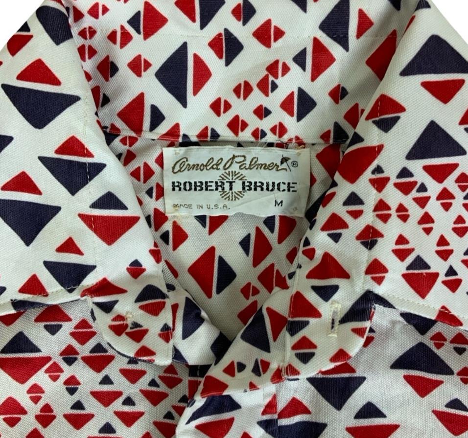 VTG 70S ARNOLD PALMER ROBERT BRUCE RED WHITE BLUE PATTERN GOLF POLO SHIRT S 39"