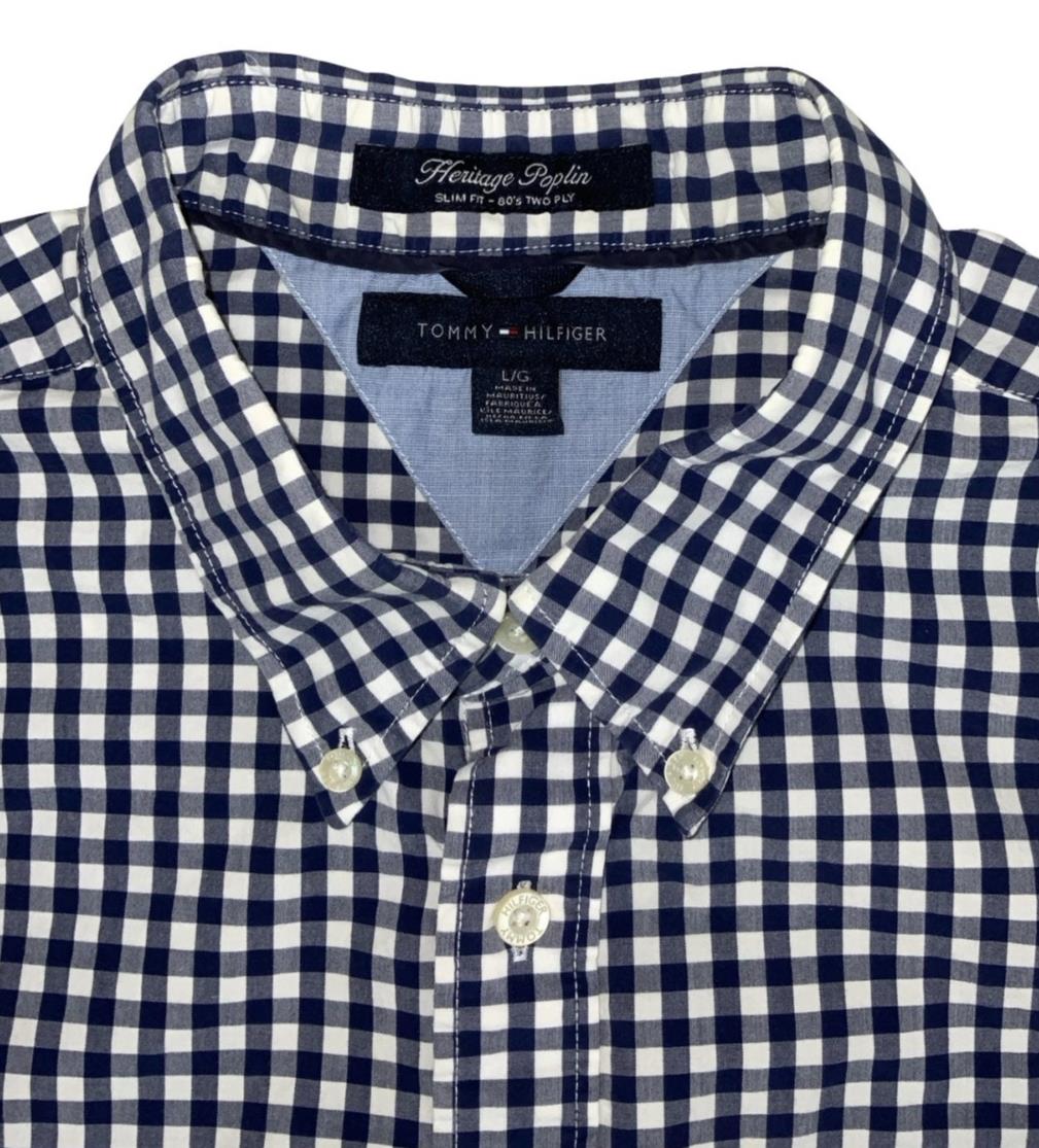 VTG 00S TOMMY HILFIGER NAVY BLUE WHITE CHECK LONG-SLEEVED SHIRT MEDIUM 43"