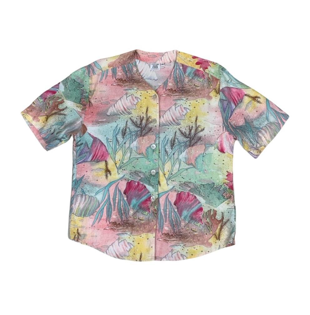 VTG 80s ALBA MODA FASHION QUALITY PASTEL OCEAN SEA CORAL PINK BLOUSE SHIRT UK 14