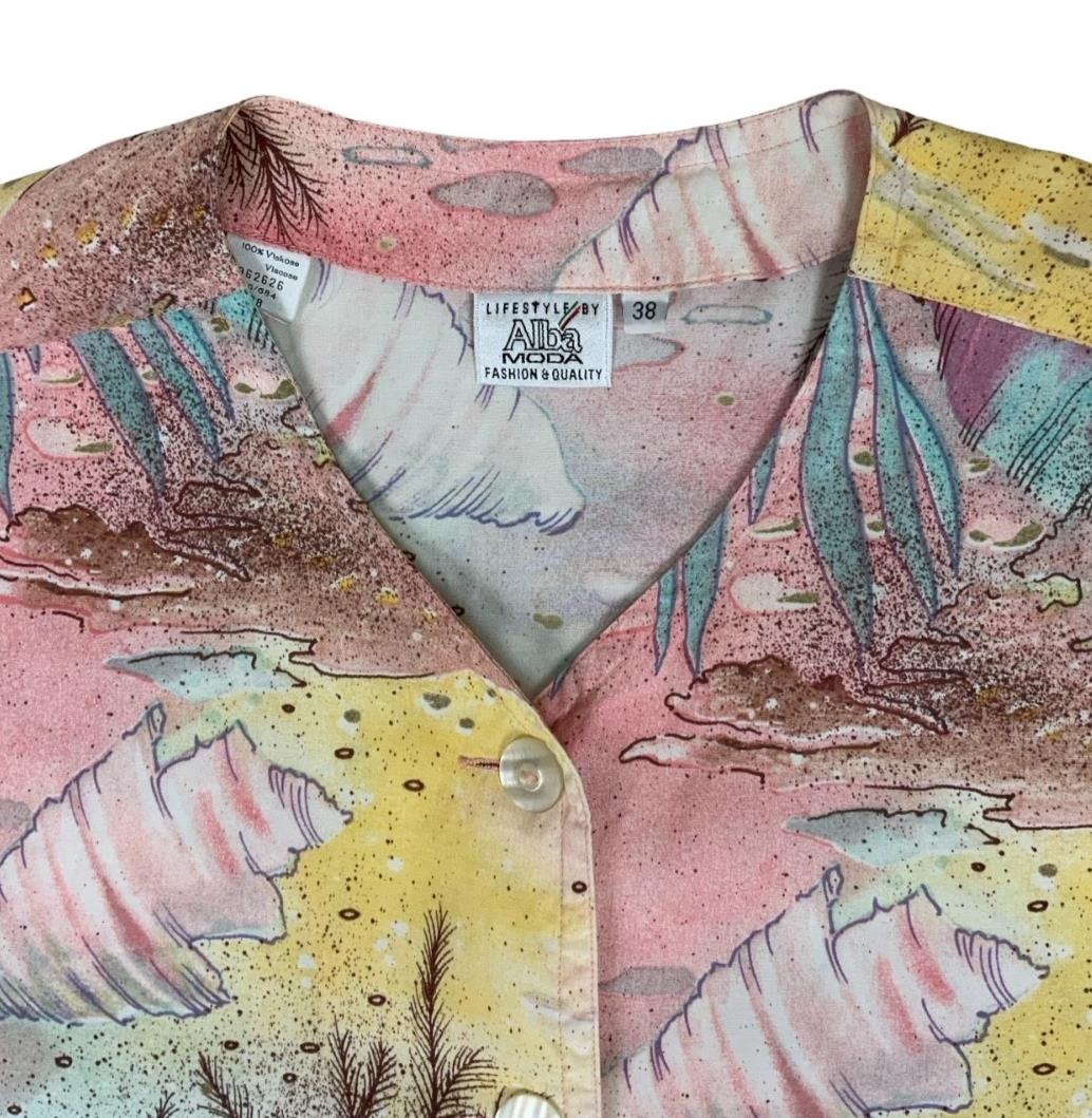 VTG 80s ALBA MODA FASHION QUALITY PASTEL OCEAN SEA CORAL PINK BLOUSE SHIRT UK 14