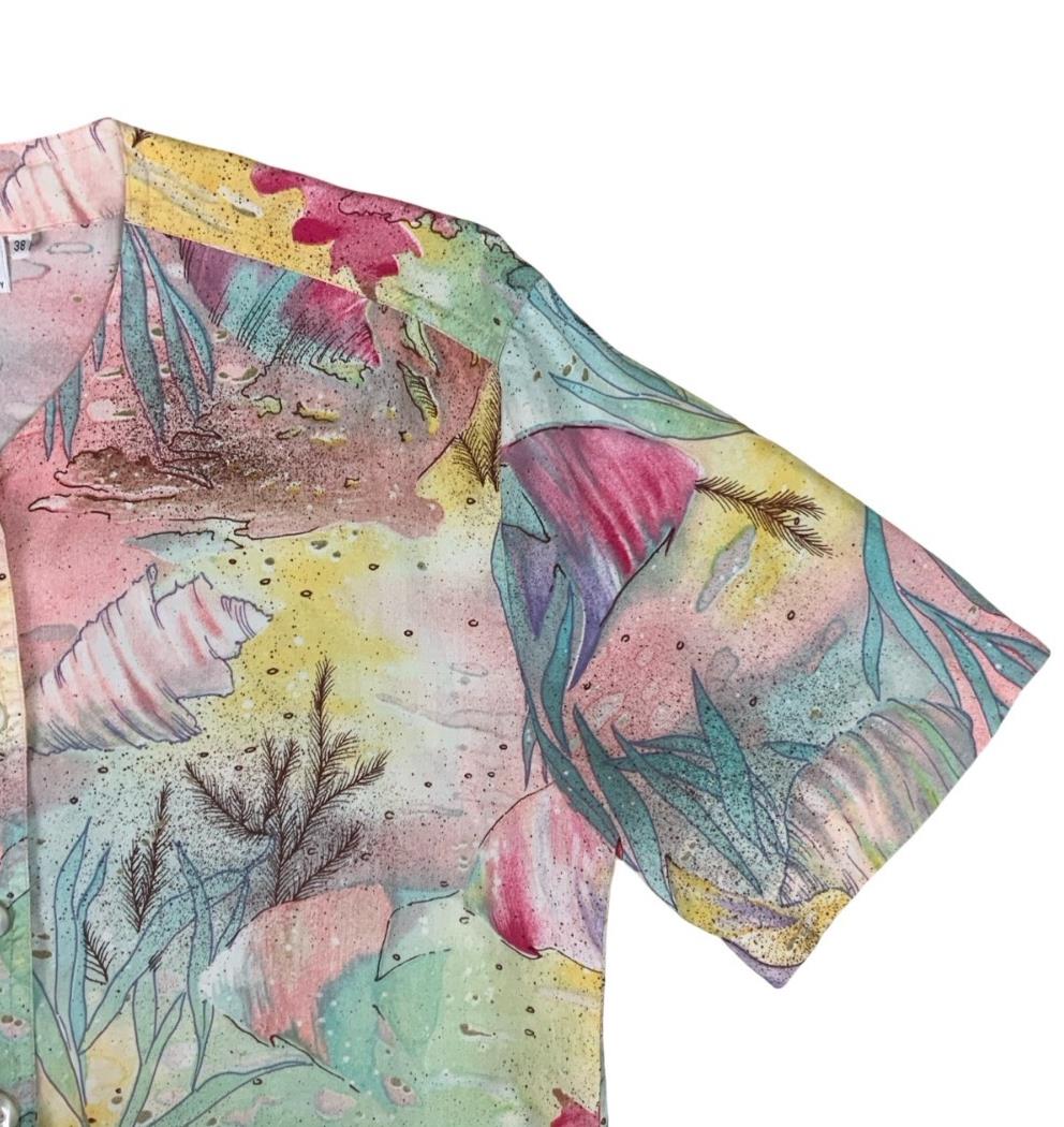 VTG 80s ALBA MODA FASHION QUALITY PASTEL OCEAN SEA CORAL PINK BLOUSE SHIRT UK 14