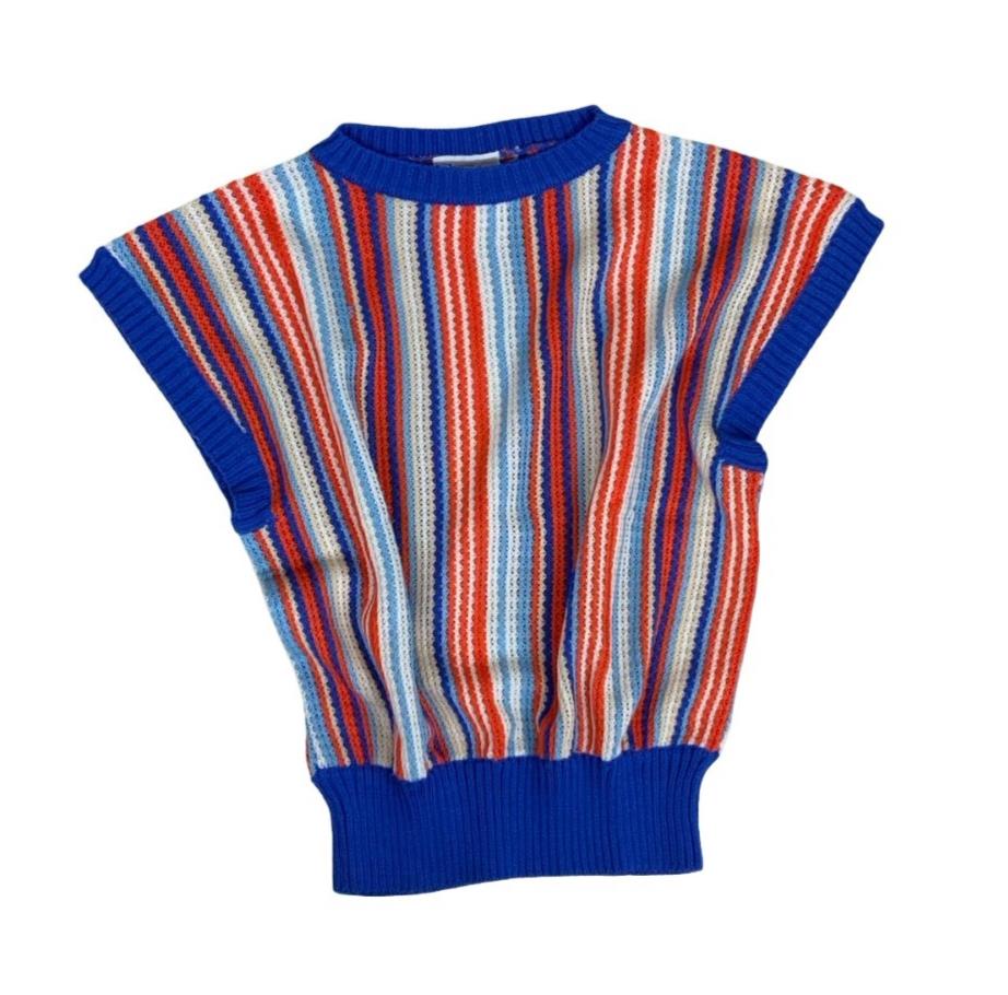 VTG 80s FASHION INTERNATIONAL BOATNECK STRIPED RED BLUE WHITE KNIT TOP UK 10 12
