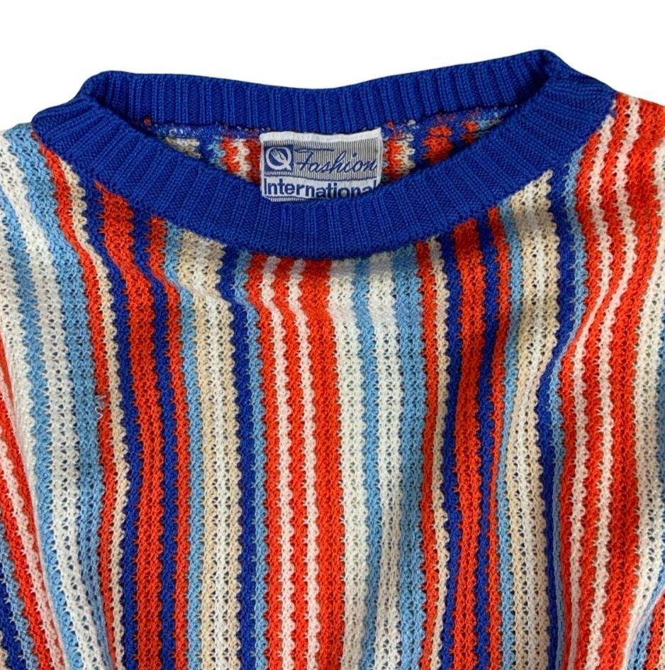 VTG 80s FASHION INTERNATIONAL BOATNECK STRIPED RED BLUE WHITE KNIT TOP UK 10 12