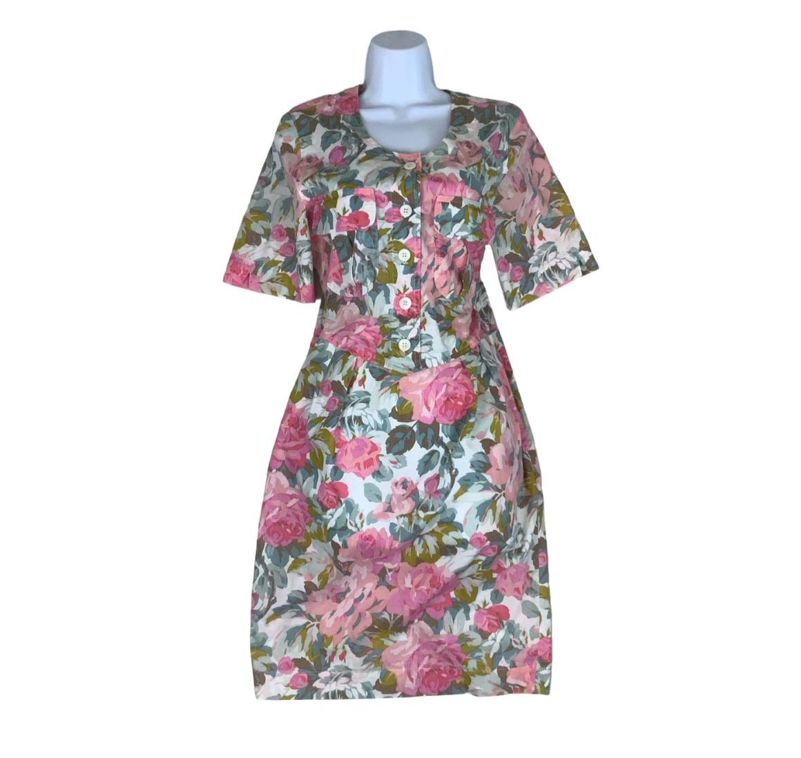 VTG 80S TIME COLLECTION WHITE PINK FLORAL MIDI SUMMER DRESS S 8 10