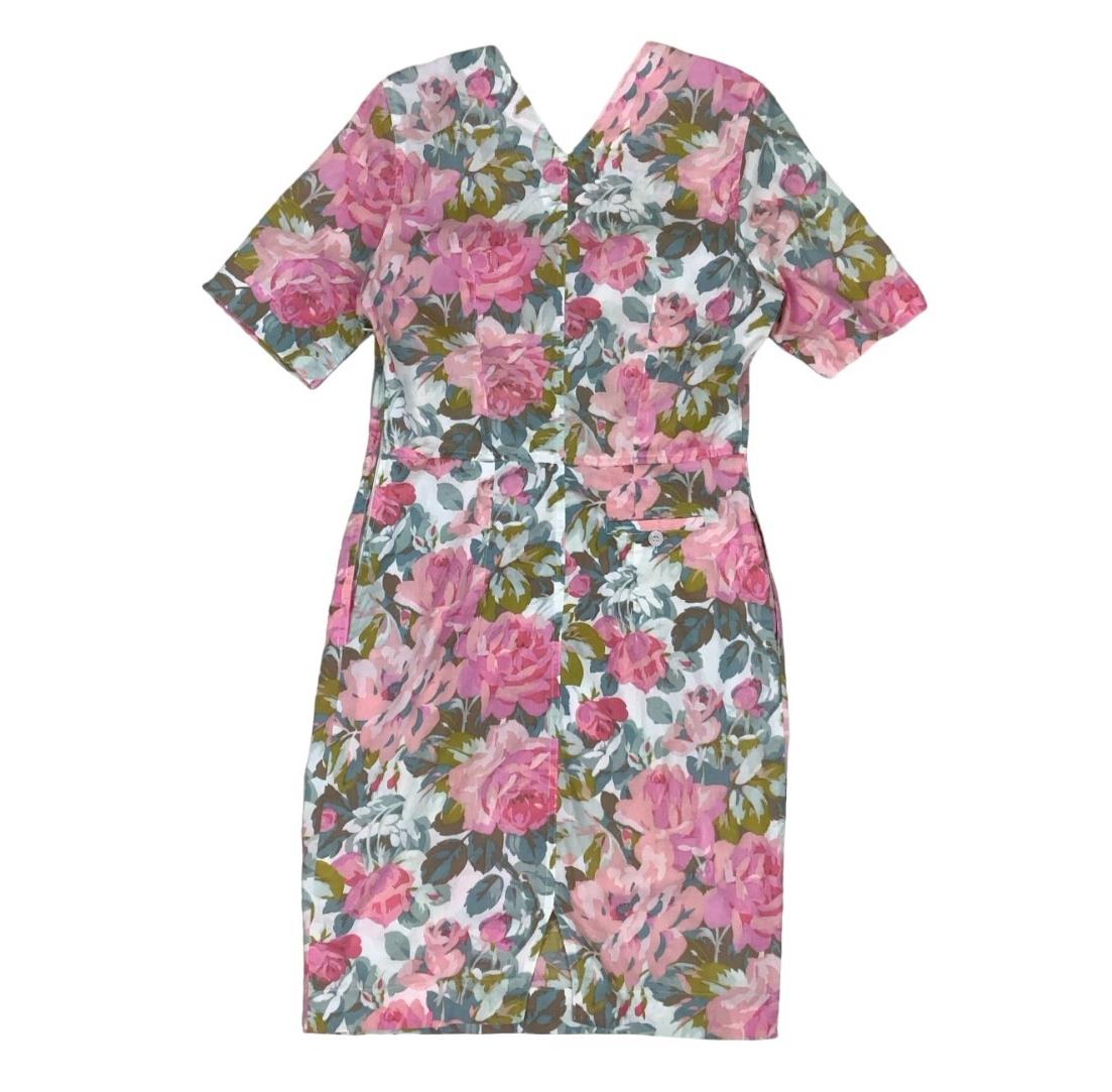 VTG 80S TIME COLLECTION WHITE PINK FLORAL MIDI SUMMER DRESS S 8 10