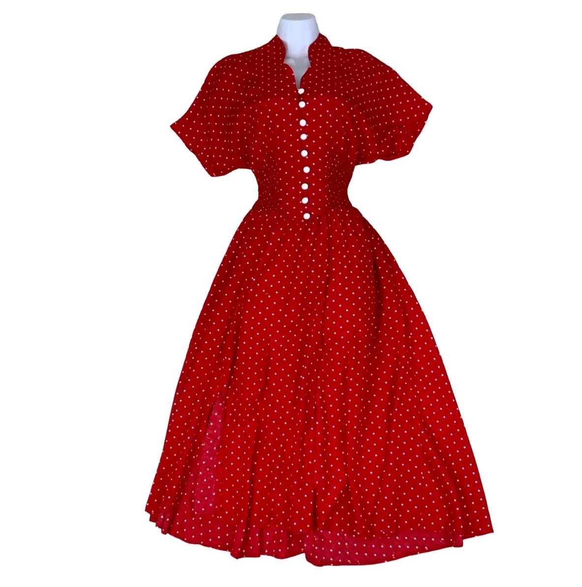 VTG 80S RED WHITE POLKA DOT SWING SKIRT ROCKABILLY PIN-UP MIDI DRESS S 8 10