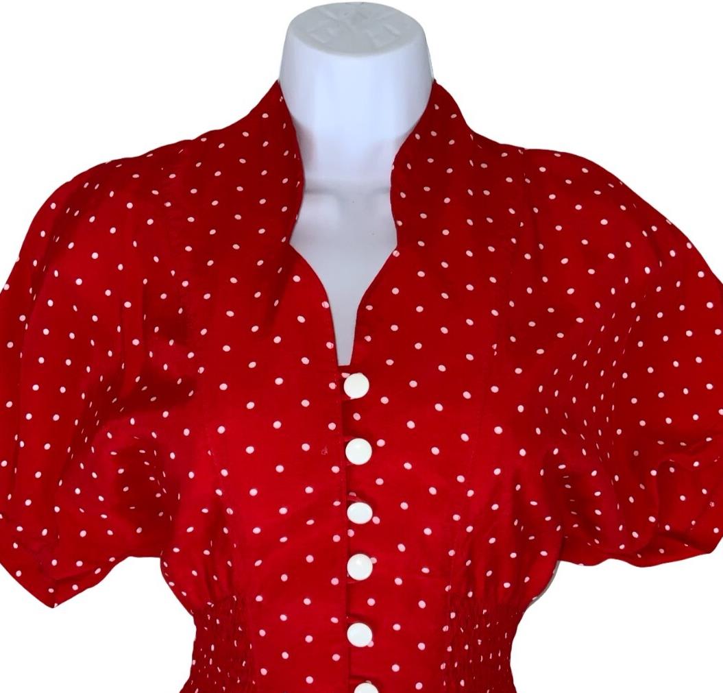 VTG 80S RED WHITE POLKA DOT SWING SKIRT ROCKABILLY PIN-UP MIDI DRESS S 8 10