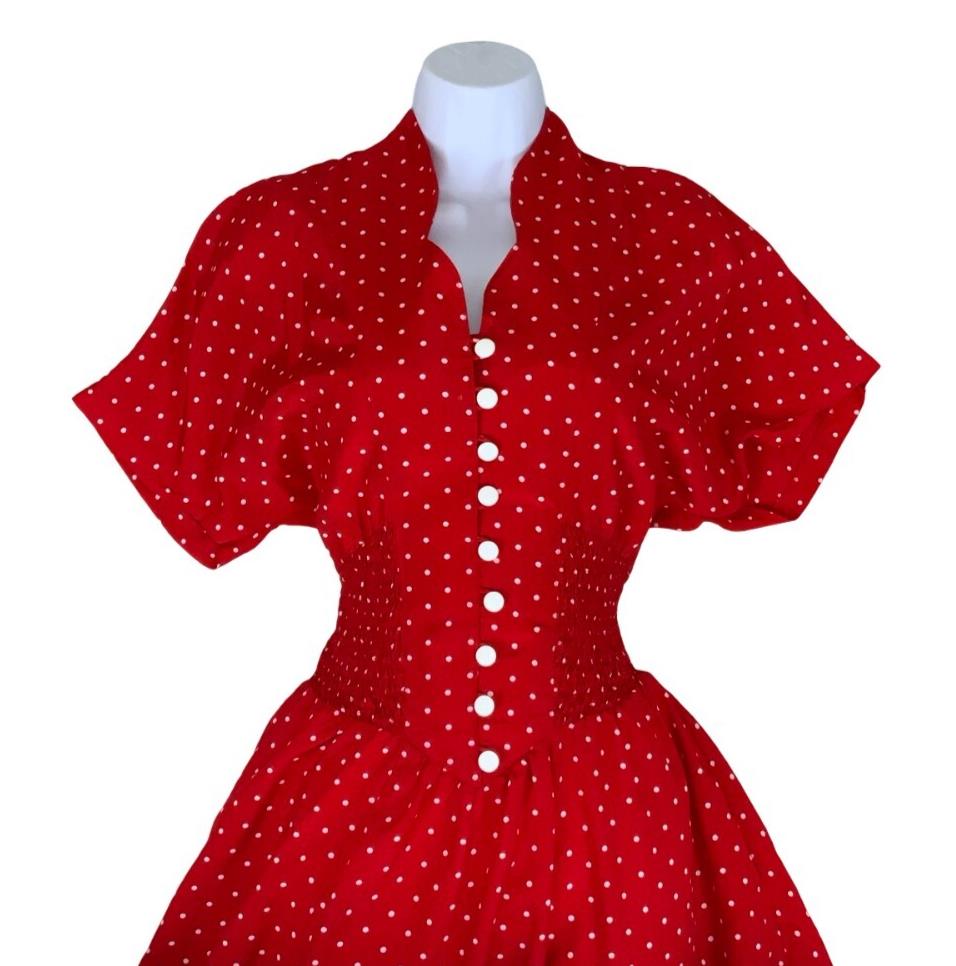 VTG 80S RED WHITE POLKA DOT SWING SKIRT ROCKABILLY PIN-UP MIDI DRESS S 8 10