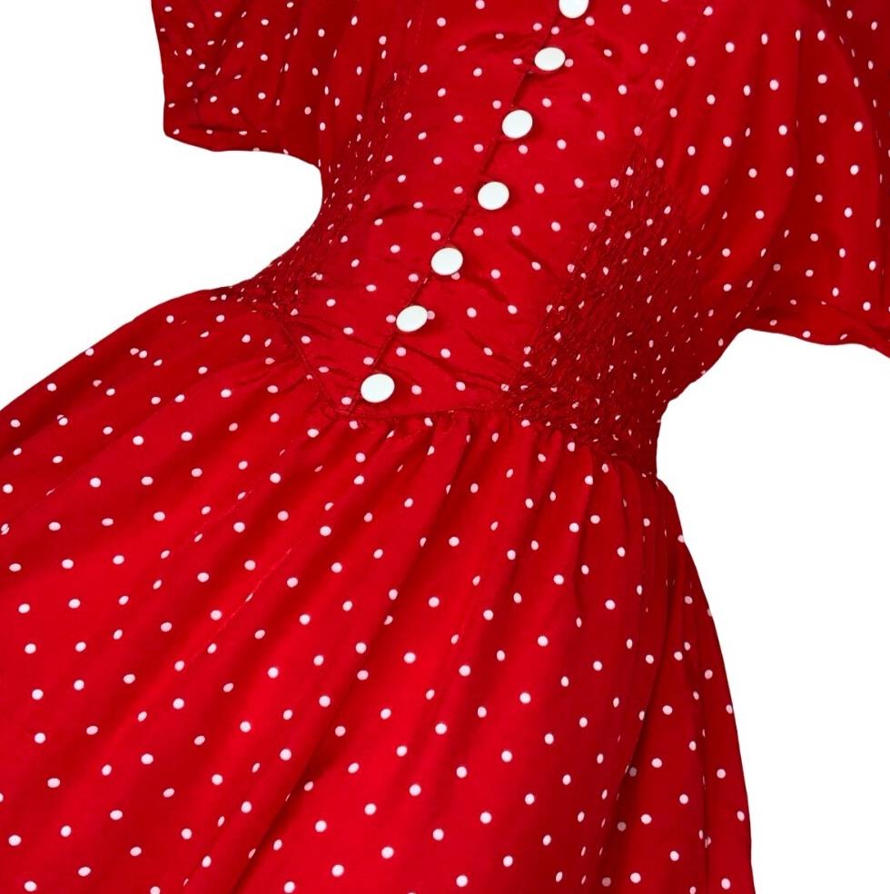 VTG 80S RED WHITE POLKA DOT SWING SKIRT ROCKABILLY PIN-UP MIDI DRESS S 8 10