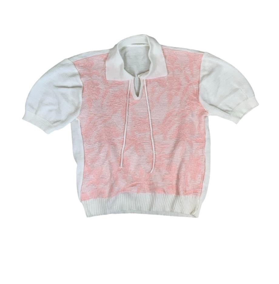 VTG 80S 90s PINK WHITE BOTANICAL PATTERNED KNIT SHORT SLEEVE COLLARED TOP S 10