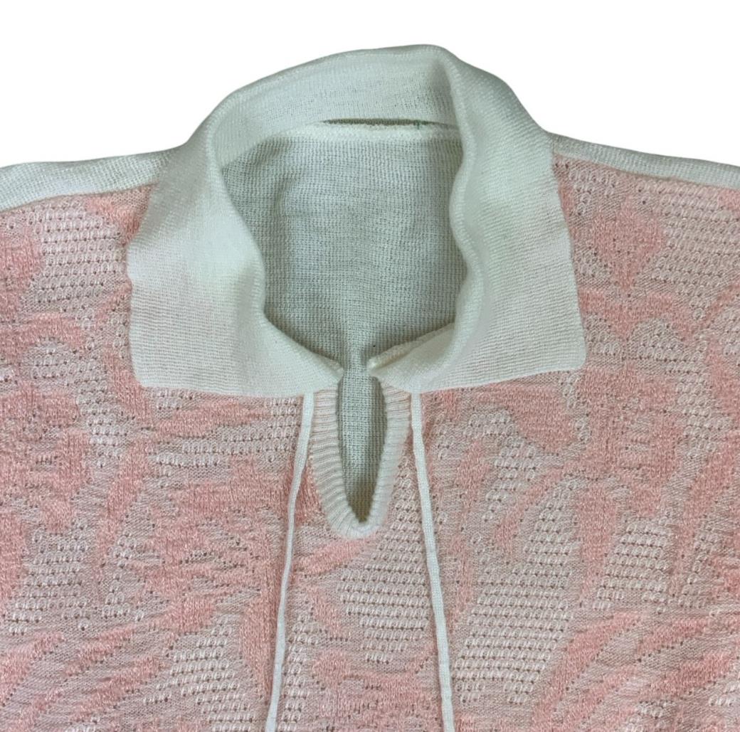 VTG 80S 90s PINK WHITE BOTANICAL PATTERNED KNIT SHORT SLEEVE COLLARED TOP S 10