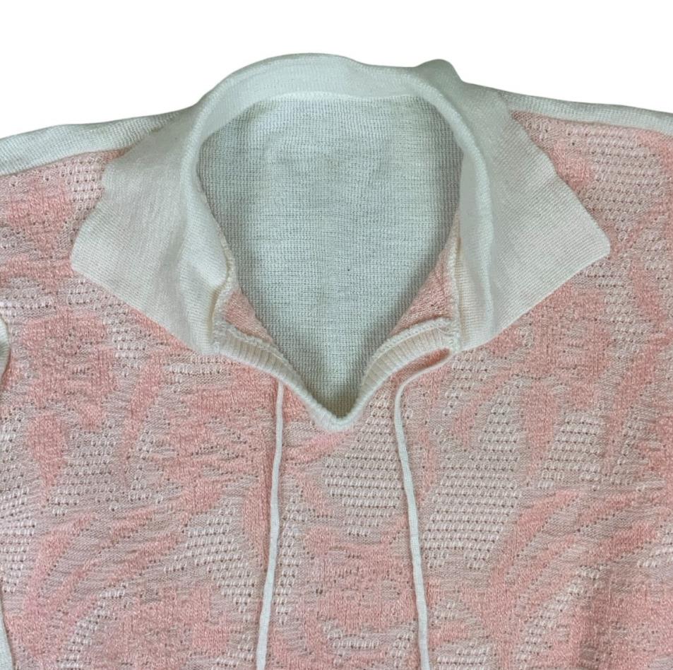 VTG 80S 90s PINK WHITE BOTANICAL PATTERNED KNIT SHORT SLEEVE COLLARED TOP S 10