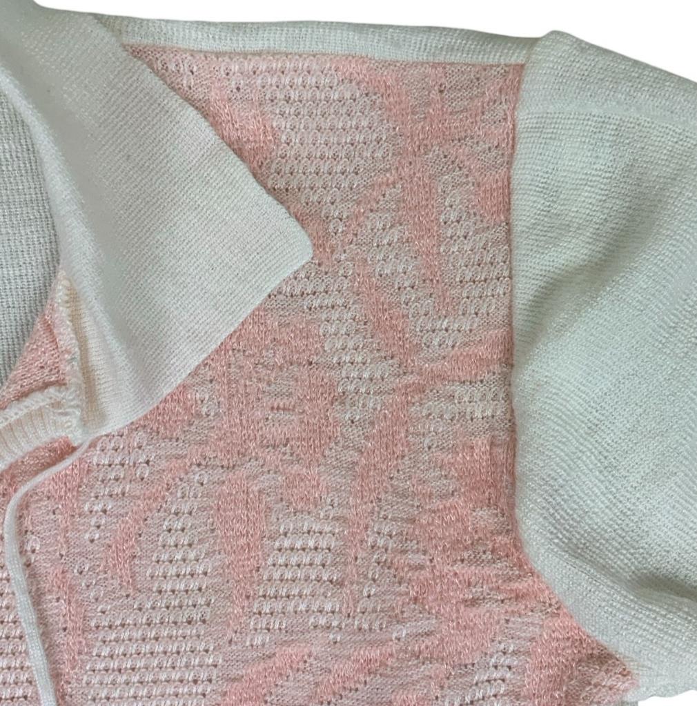 VTG 80S 90s PINK WHITE BOTANICAL PATTERNED KNIT SHORT SLEEVE COLLARED TOP S 10