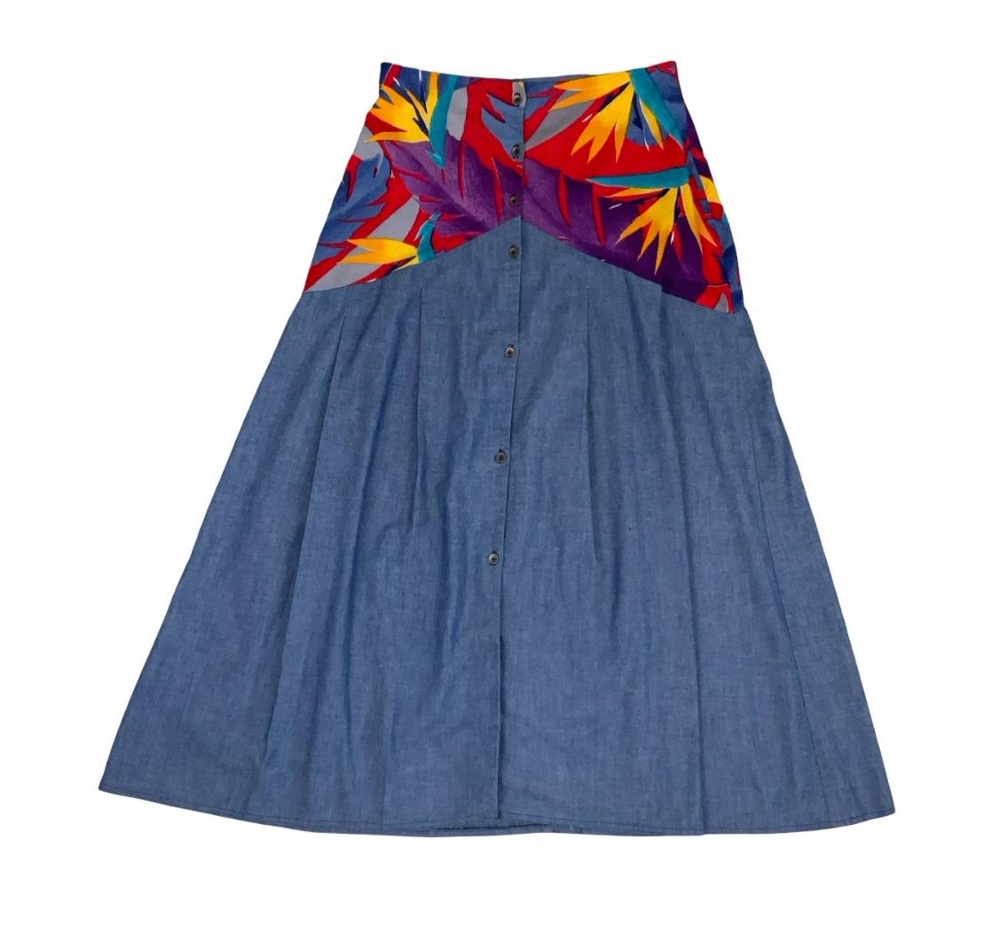 VTG 80s 'PIN-UP' HIGH WAIST LONG DENIM PATCHWORK BOTANICAL BOHO MIDI SKIRT S 8