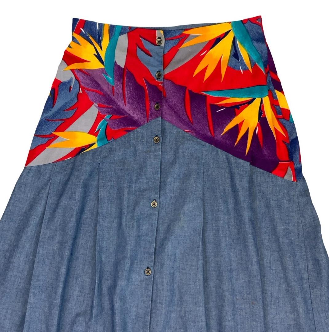 VTG 80s 'PIN-UP' HIGH WAIST LONG DENIM PATCHWORK BOTANICAL BOHO MIDI SKIRT S 8
