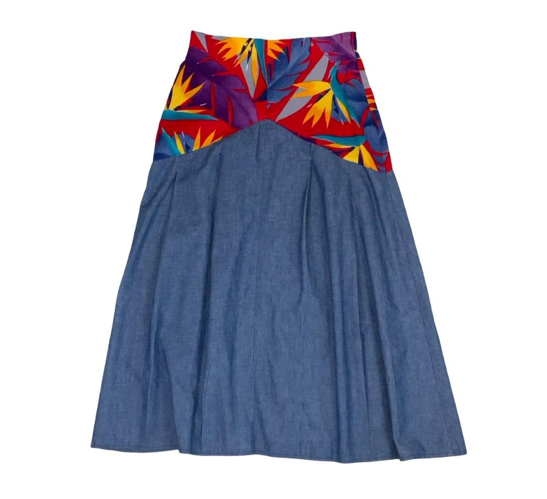 VTG 80s 'PIN-UP' HIGH WAIST LONG DENIM PATCHWORK BOTANICAL BOHO MIDI SKIRT S 8