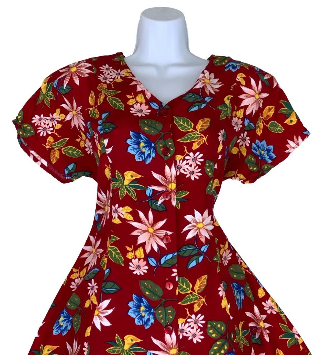 VTG 90s 'DE VILLE' RED FLORAL MINI SUMMER BEACH SKATER DRESS M 12