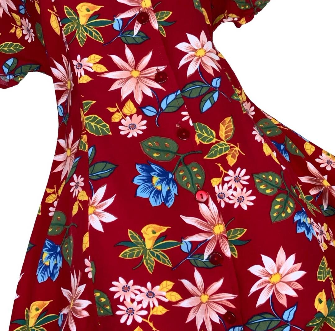 VTG 90s 'DE VILLE' RED FLORAL MINI SUMMER BEACH SKATER DRESS M 12