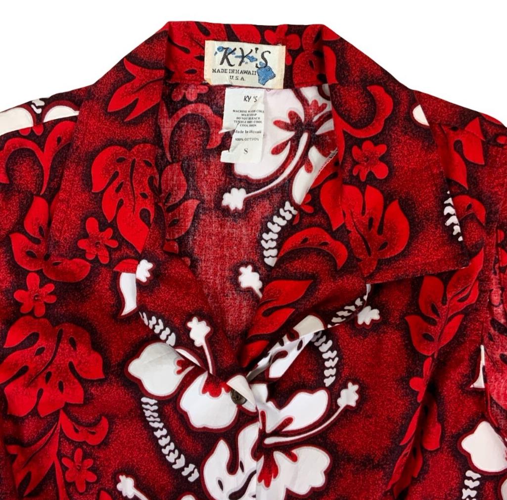 VTG KY'S MADE IN HAWAII RED WHITE ALOHA SHIRT TIKI ROCKABILLY FLORAL SURF S 10