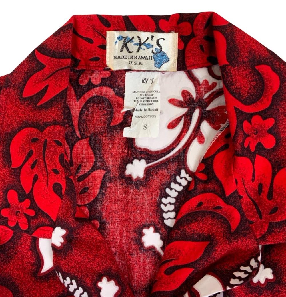 VTG KY'S MADE IN HAWAII RED WHITE ALOHA SHIRT TIKI ROCKABILLY FLORAL SURF S 10
