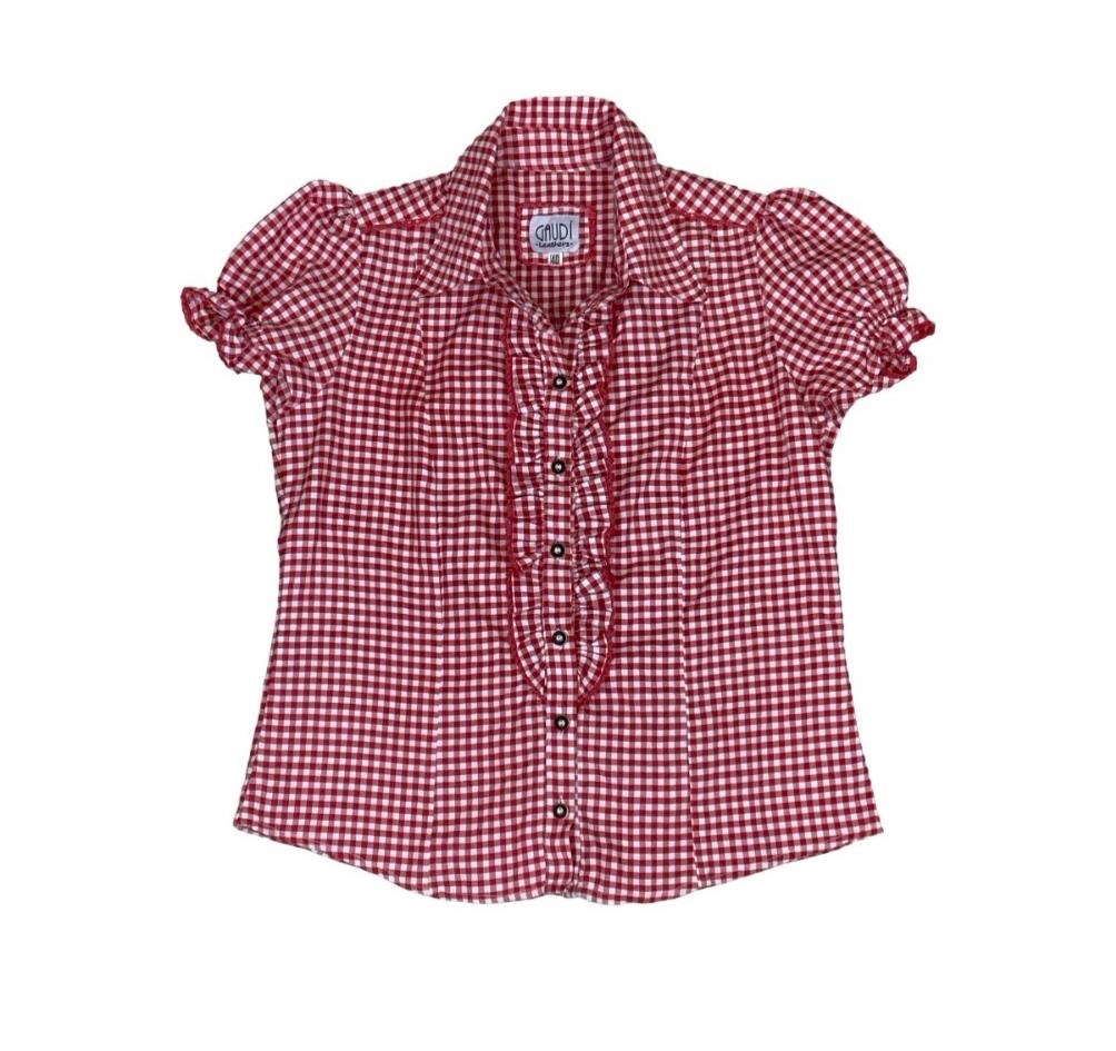 VTG 90s GAUDI LEATHERS RED WHITE GINGHAM RUFFLE BUTTON-UP BLOUSE SHIRT M 12 14