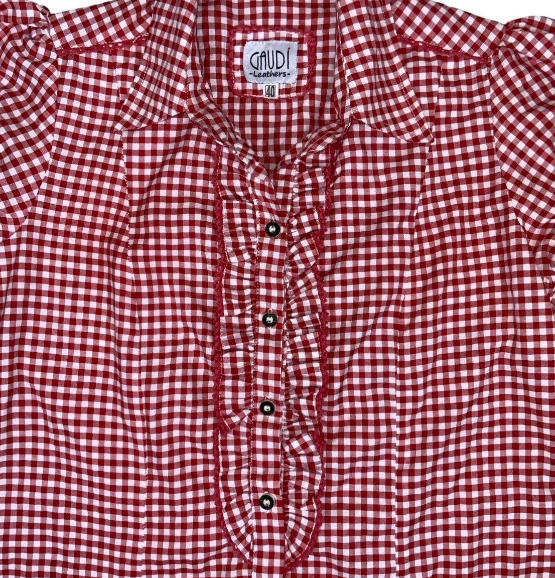 VTG 90s GAUDI LEATHERS RED WHITE GINGHAM RUFFLE BUTTON-UP BLOUSE SHIRT M 12 14