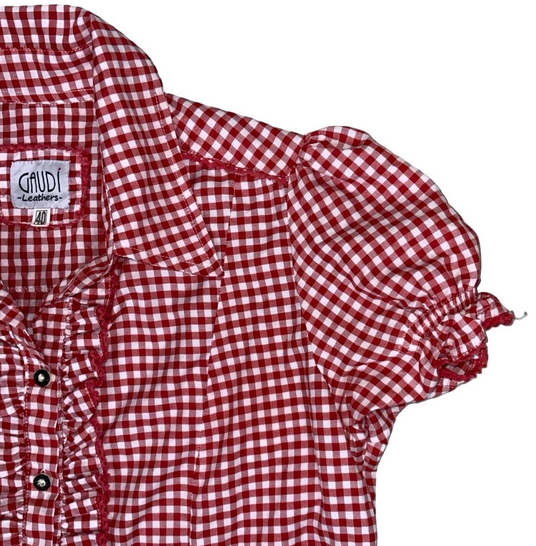 VTG 90s GAUDI LEATHERS RED WHITE GINGHAM RUFFLE BUTTON-UP BLOUSE SHIRT M 12 14