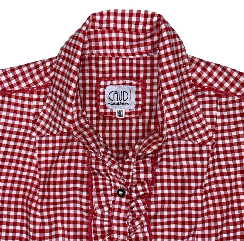 VTG 90s GAUDI LEATHERS RED WHITE GINGHAM RUFFLE BUTTON-UP BLOUSE SHIRT M 12 14