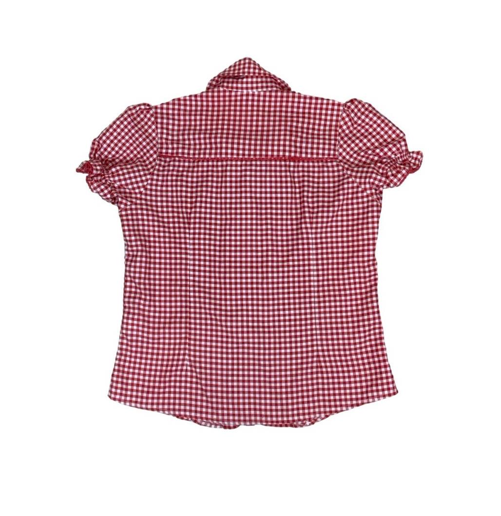 VTG 90s GAUDI LEATHERS RED WHITE GINGHAM RUFFLE BUTTON-UP BLOUSE SHIRT M 12 14