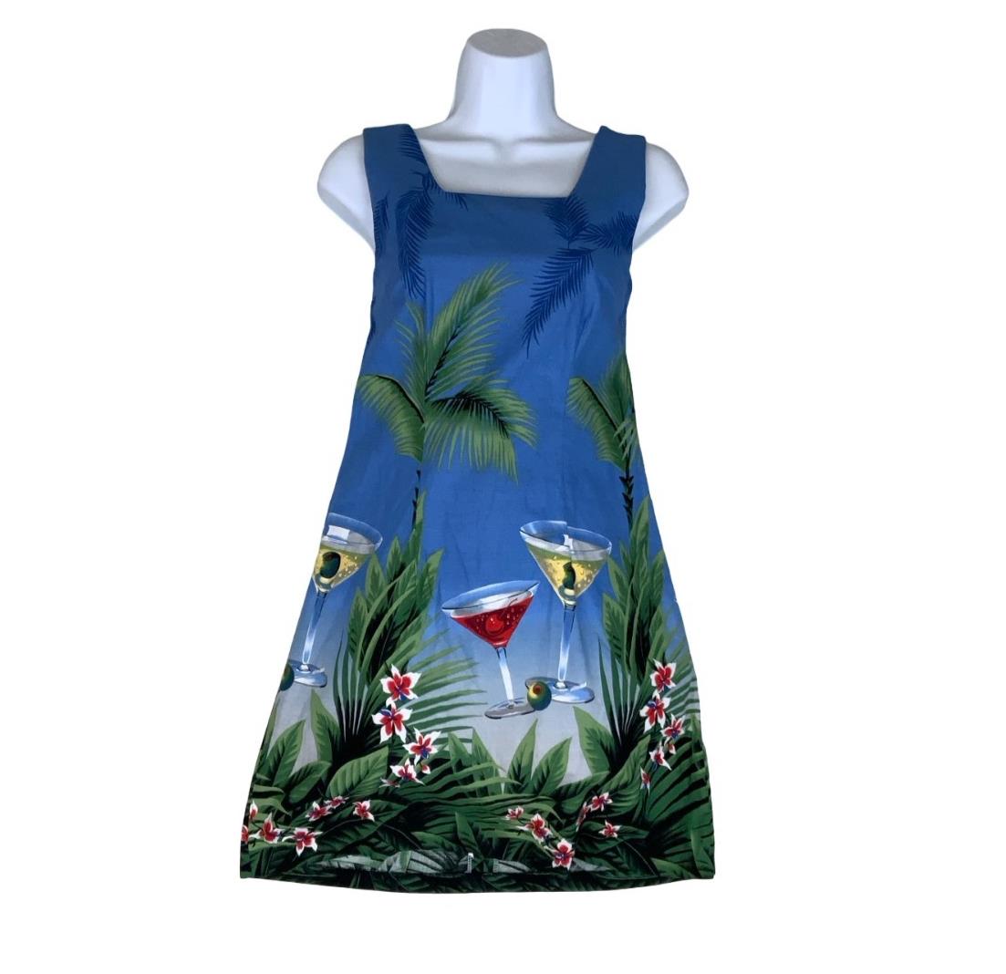 VTG 90s 'SHANNON MARIE' HAWAIIAN BLUE MARTINI GRAPHIC MINI SUMMER DRESS S 8