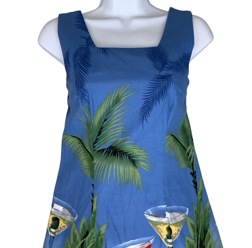 VTG 90s 'SHANNON MARIE' HAWAIIAN BLUE MARTINI GRAPHIC MINI SUMMER DRESS S 8