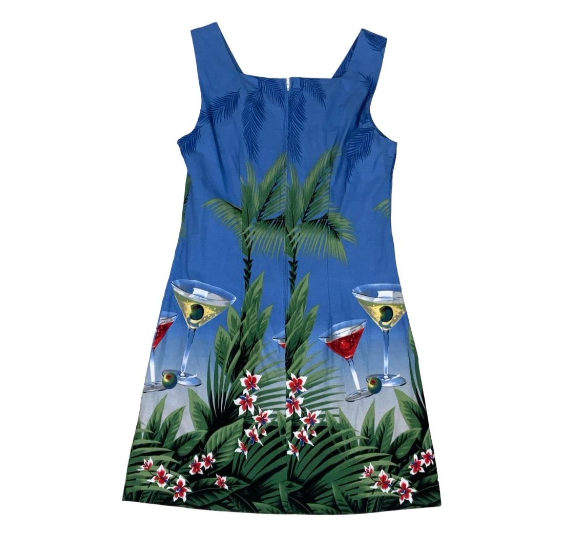VTG 90s 'SHANNON MARIE' HAWAIIAN BLUE MARTINI GRAPHIC MINI SUMMER DRESS S 8
