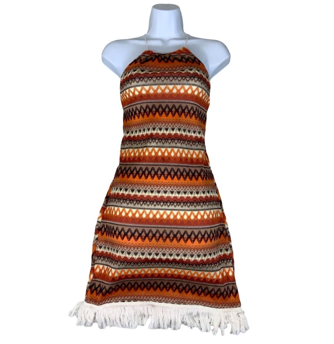 90s y2k 'EMERY ROSE' ORANGE BROWN EMBROIDERED FESTIVAL BOHO MINI SUMMER DRESS XS
