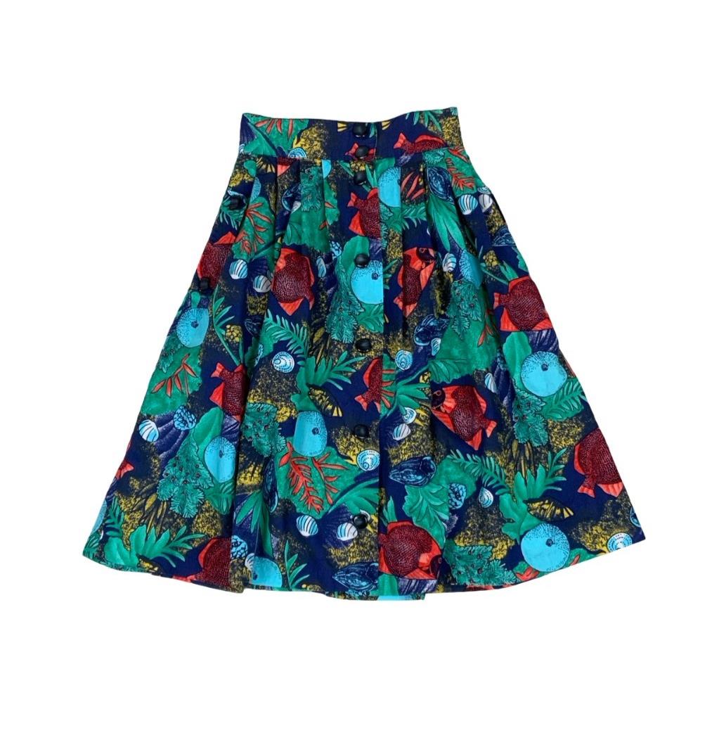VTG COLOURFUL UNDERWATER-THEMED PRINT FISH SEA LIFE OCEAN BUTTON DOWN SKIRT XS 4
