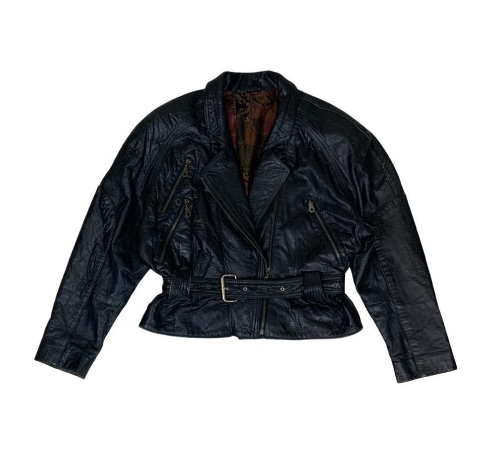 VTG 80s 'YESSICA' by C&A CROPPED BIKER SHOULDER PADDED LEATHER JACKET L 14 16