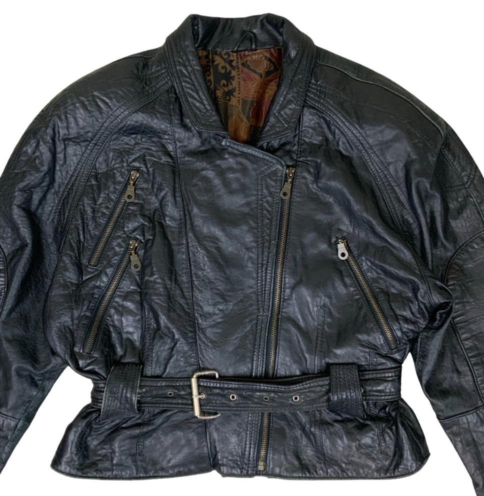 VTG 80s 'YESSICA' by C&A CROPPED BIKER SHOULDER PADDED LEATHER JACKET L 14 16