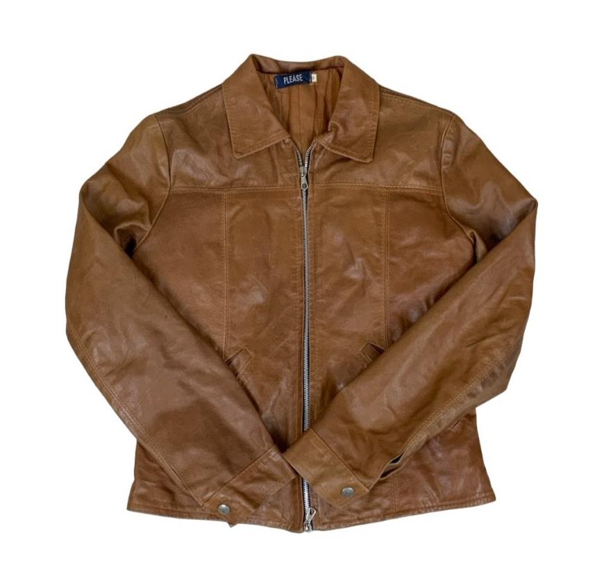 VTG 90s DOES 70s 'PLEASE' BROWN TAN ZIP-UP QUILT LINED MOD LEATHER JACKET S 10