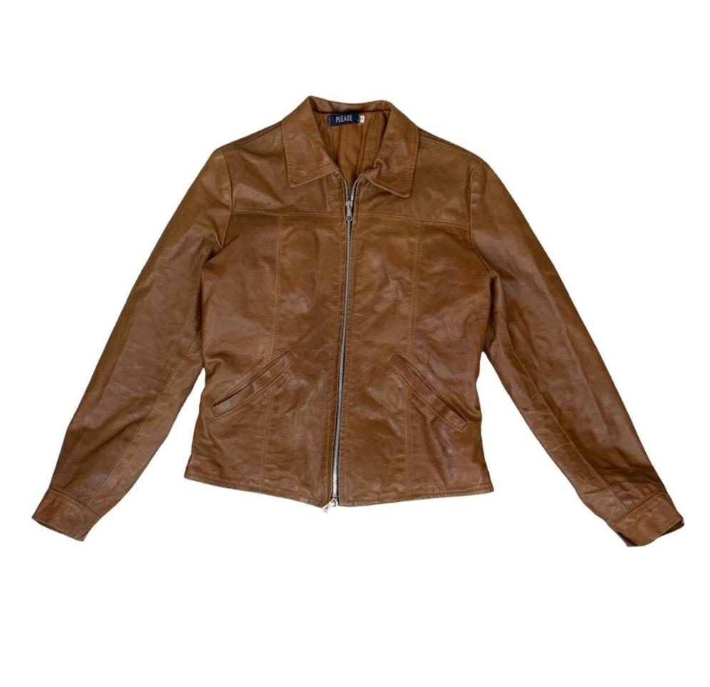 VTG 90s DOES 70s 'PLEASE' BROWN TAN ZIP-UP QUILT LINED MOD LEATHER JACKET S 10
