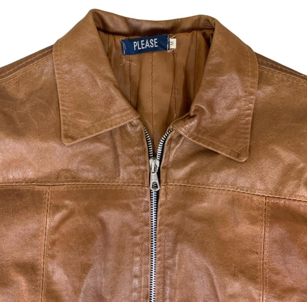 VTG 90s DOES 70s 'PLEASE' BROWN TAN ZIP-UP QUILT LINED MOD LEATHER JACKET S 10