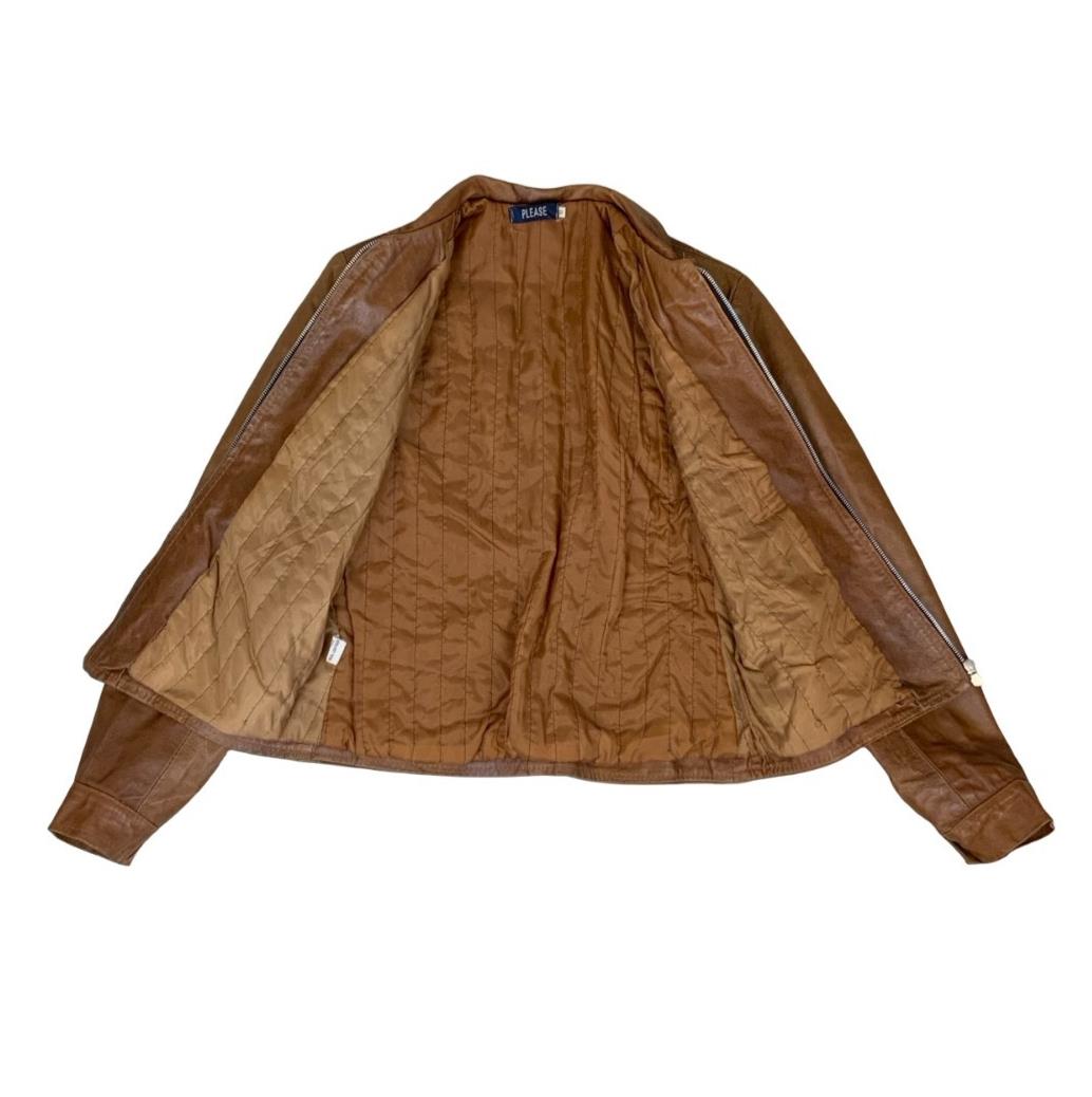 VTG 90s DOES 70s 'PLEASE' BROWN TAN ZIP-UP QUILT LINED MOD LEATHER JACKET S 10