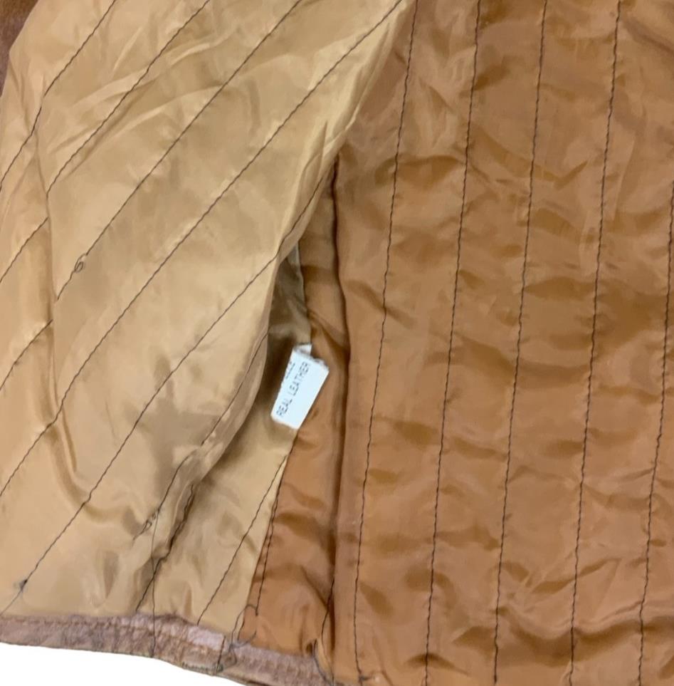 VTG 90s DOES 70s 'PLEASE' BROWN TAN ZIP-UP QUILT LINED MOD LEATHER JACKET S 10