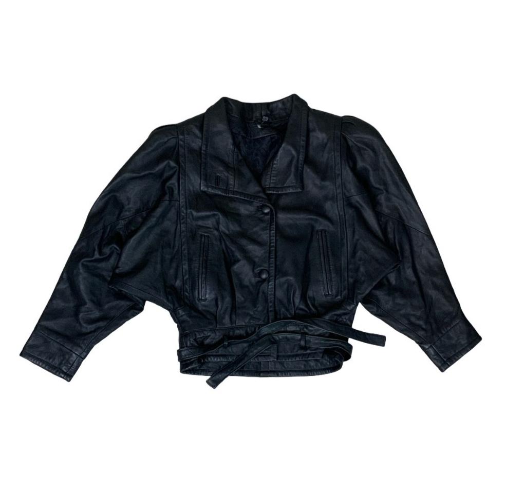 VTG 80s 'ON TIME' BLACK CROP BIKER SHOULDER PAD GRUNGE PUNK LEATHER JACKET M 14