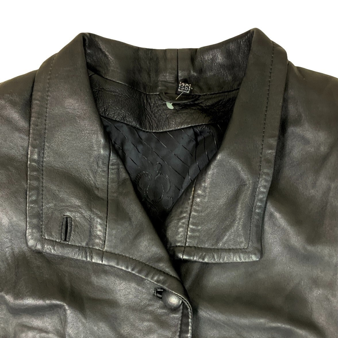 VTG 80s 'ON TIME' BLACK CROP BIKER SHOULDER PAD GRUNGE PUNK LEATHER JACKET M 14