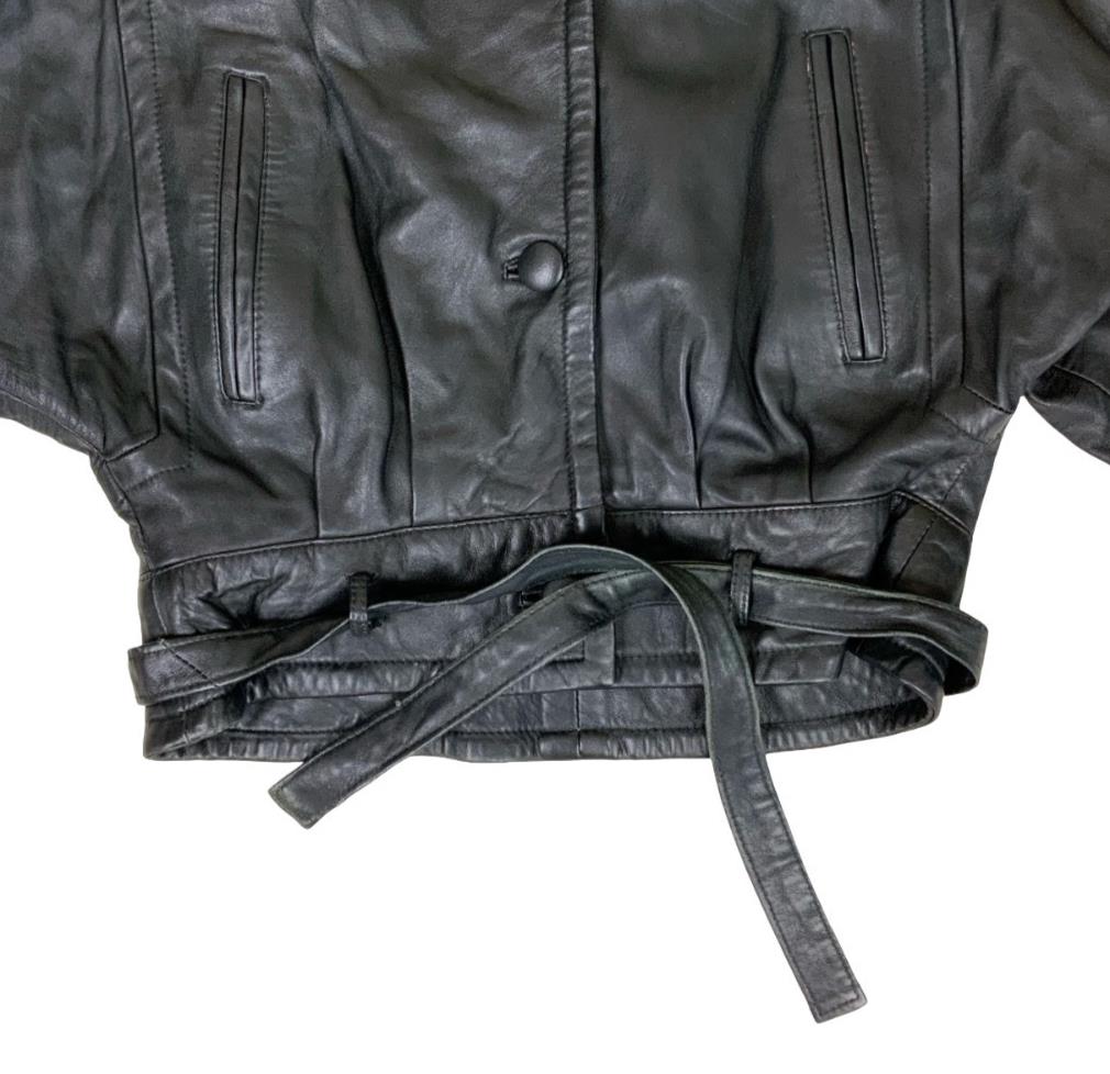 VTG 80s 'ON TIME' BLACK CROP BIKER SHOULDER PAD GRUNGE PUNK LEATHER JACKET M 14